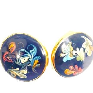 Vintage round painted multicolored wispy pierced earrings-1” circumference